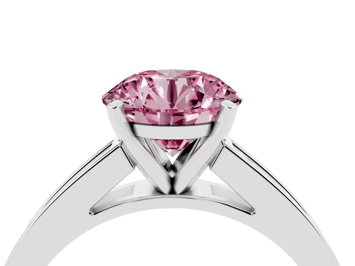 Fancy Pink Round Cut Solitaire Diamond Ring with Channel-Set Band and Four-Prong Setting Silver