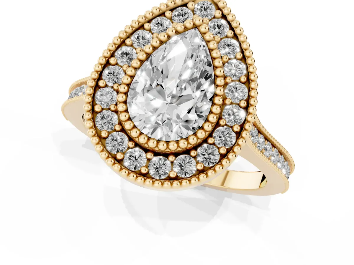 Pear Cut Diamond Halo Ring with Milgrain Frame and Pavé Band Yellow gold