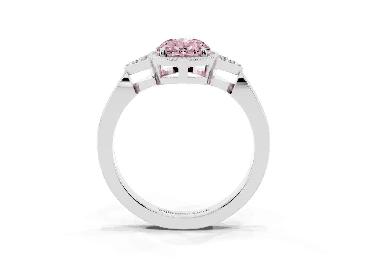 Fancy Pink Oval Cut Diamond Halo Ring with Tapered Band and Four-Prong Setting White gold