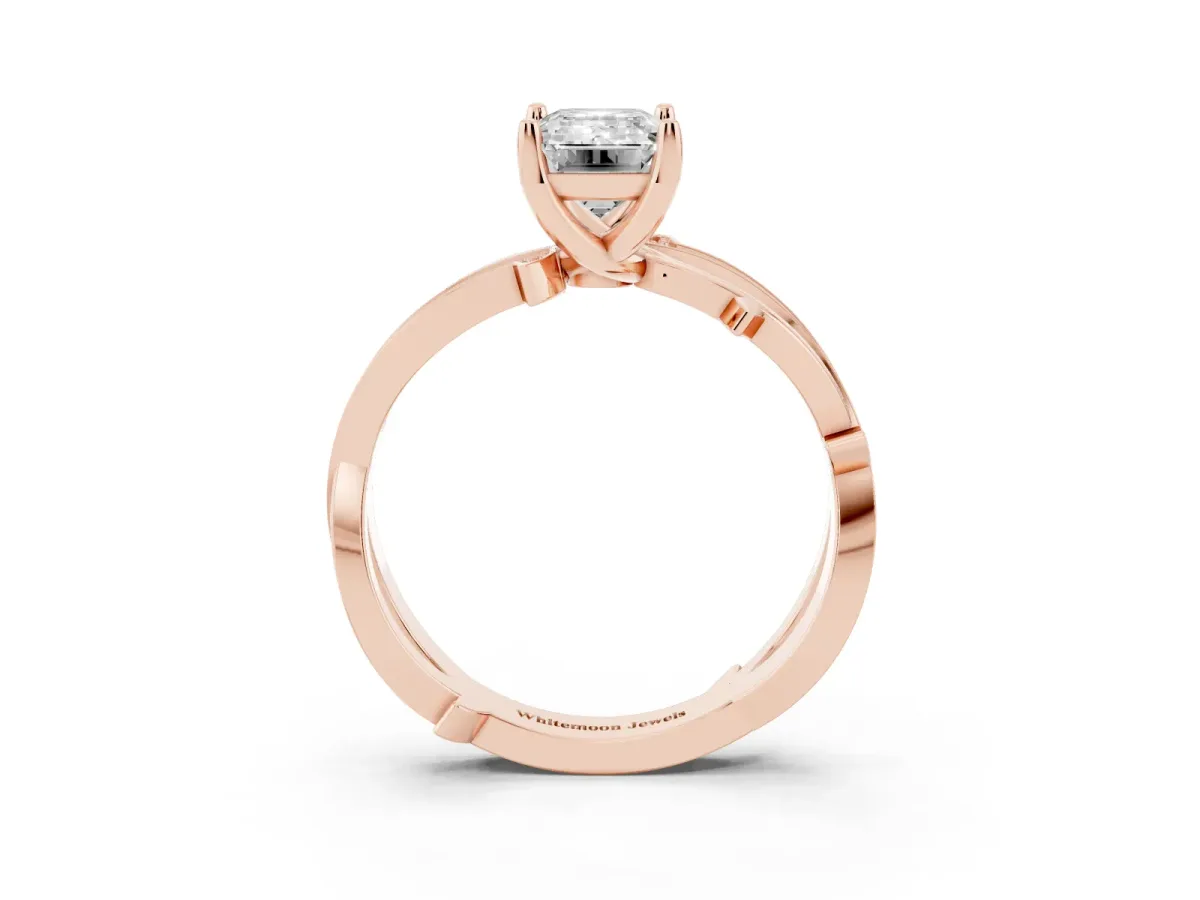 Emerald Cut Solitaire Twist Band with Pavé Accents and Four-Prong Setting Rose gold