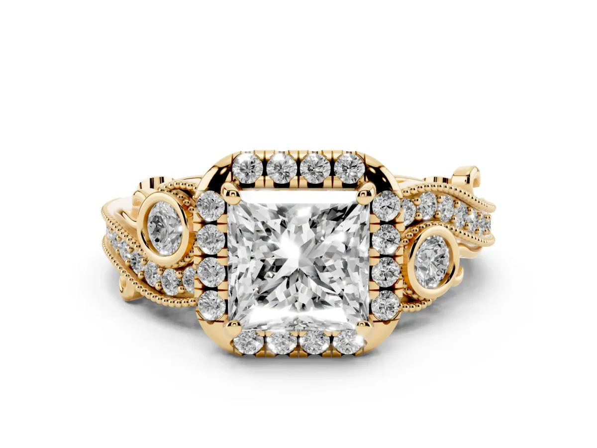 Princess Cut Diamond Halo Ring with Milgrain Pavé Band and Four-Prong Setting Yellow gold