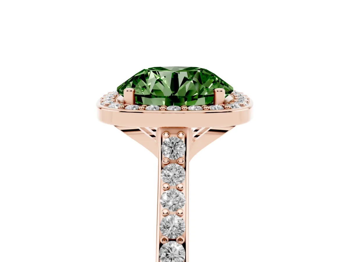 Fancy Green Round Cut Diamond Halo Engagement Ring with Round Pavé Shoulders and Prong Setting Rose gold