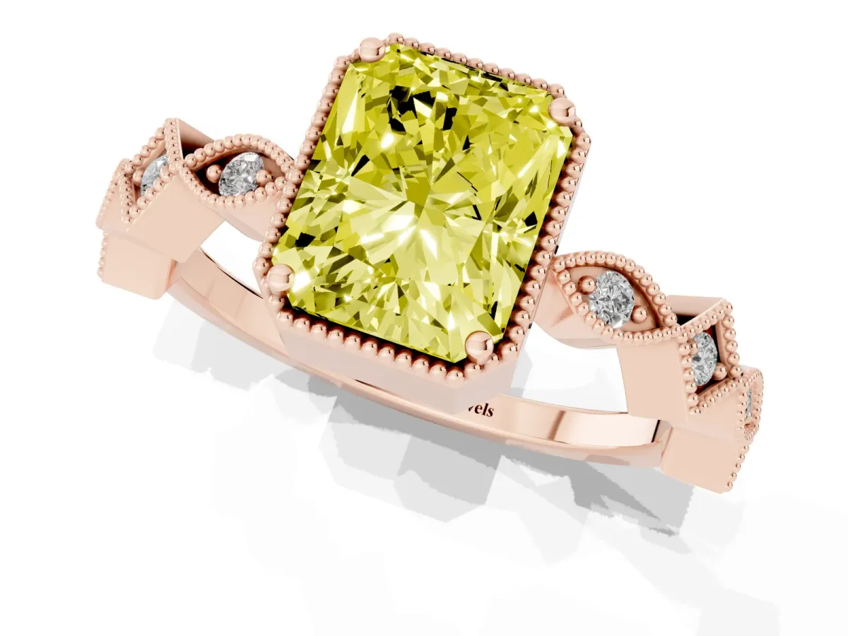 Fancy Yellow Radiant Cut Milgrain Marquise Diamond Twist Band Ring Rose gold
