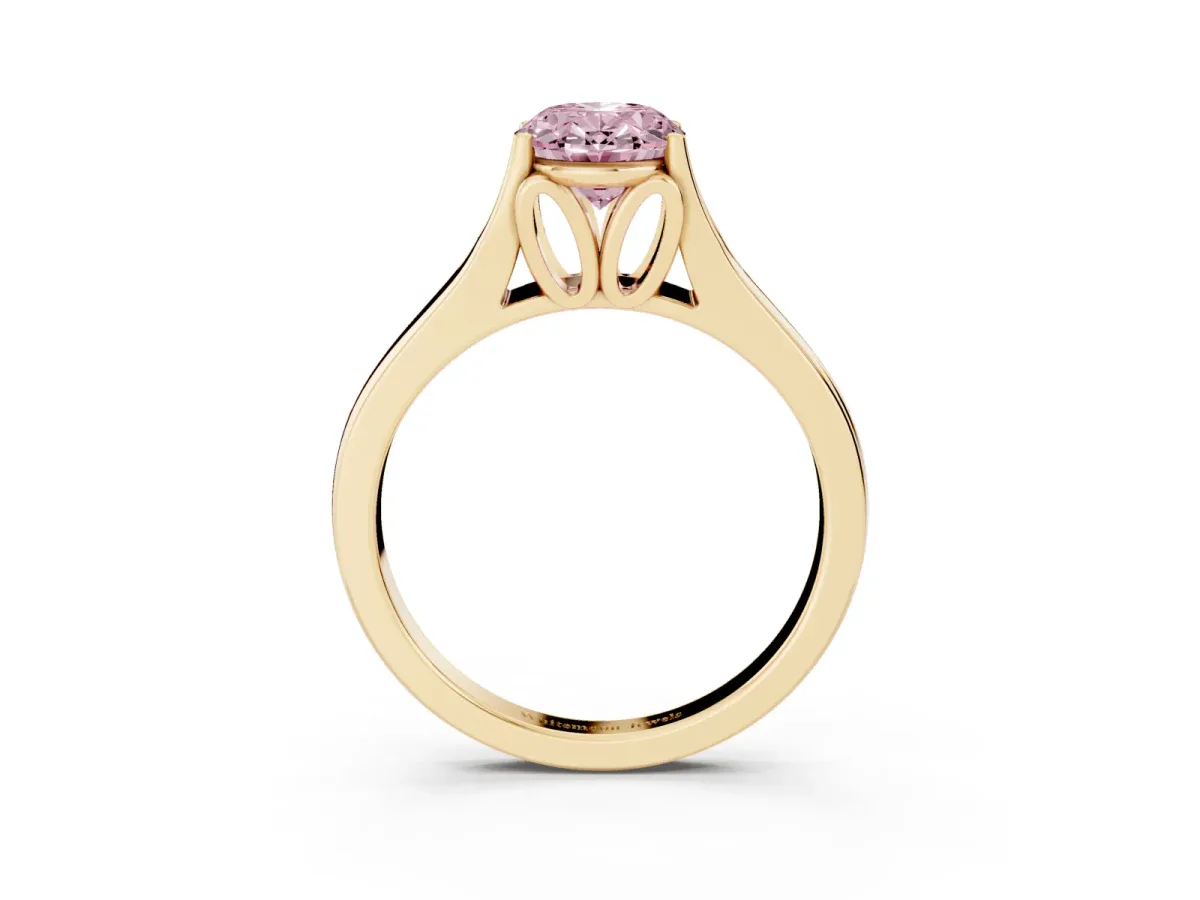 Fancy Pink Oval Cut Solitaire Diamond Ring with Cathedral Band and Four-Prong Setting Yellow gold