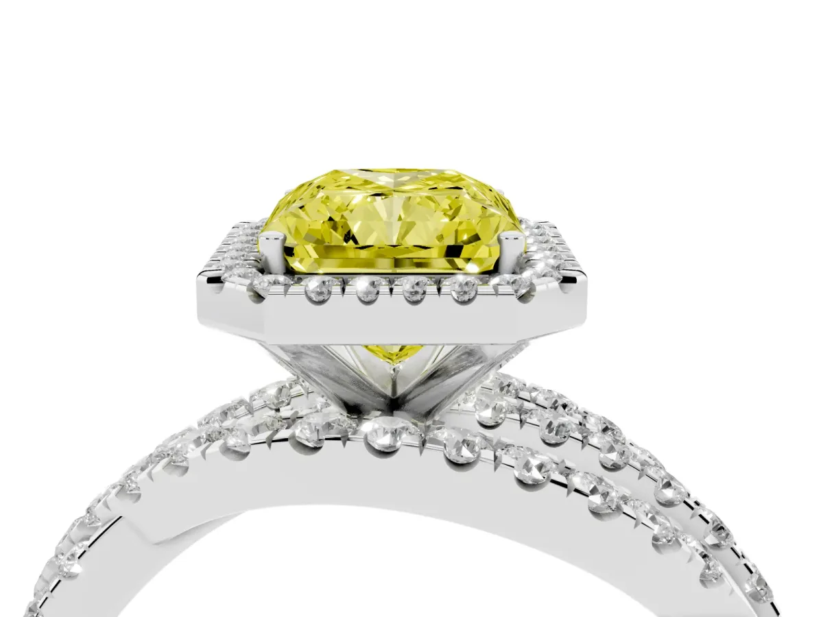 Fancy Yellow Radiant Cut Diamond Halo Ring with Round Split Shank and Prong Setting Silver