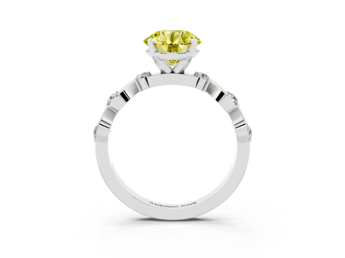 Fancy Yellow Round Cut Diamond Solitaire Twisted Band with Round Accents and Prong Setting Silver