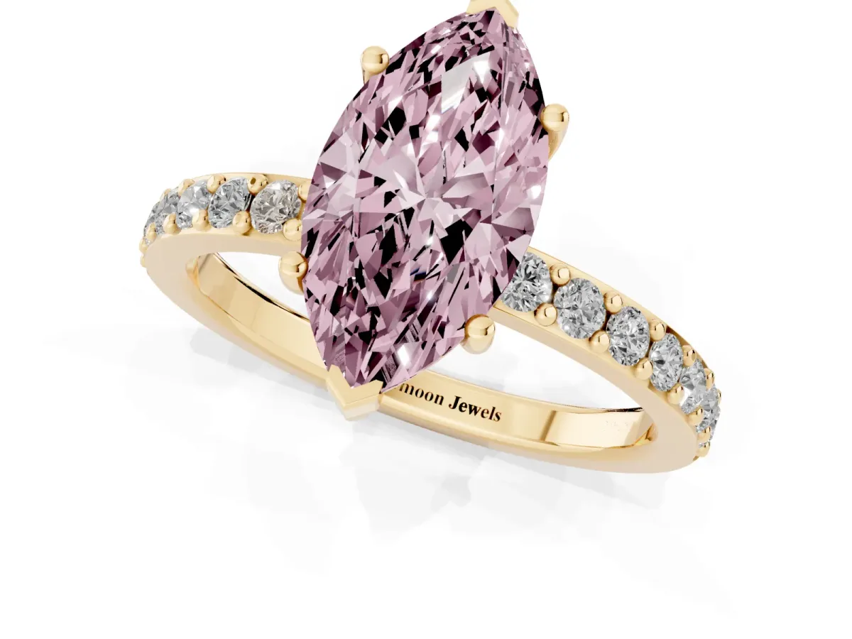 Fancy Pink Marquise Cut Cut Diamond Solitaire with Pave Band and Four-Prong Setting Yellow gold