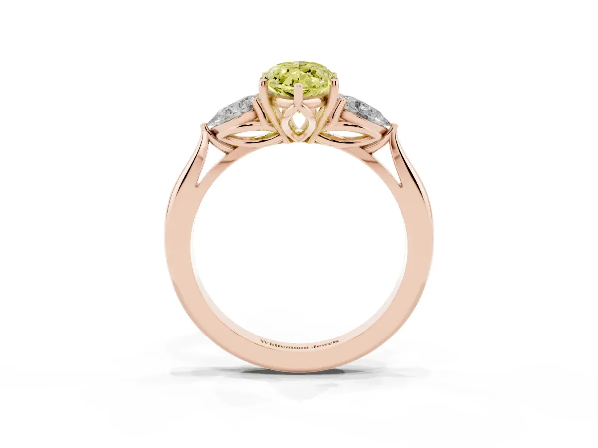 Fancy Yellow Three-Stone Marquise Cut Diamond Ring with Pear Side Stones in Four-Prong Setting Rose gold