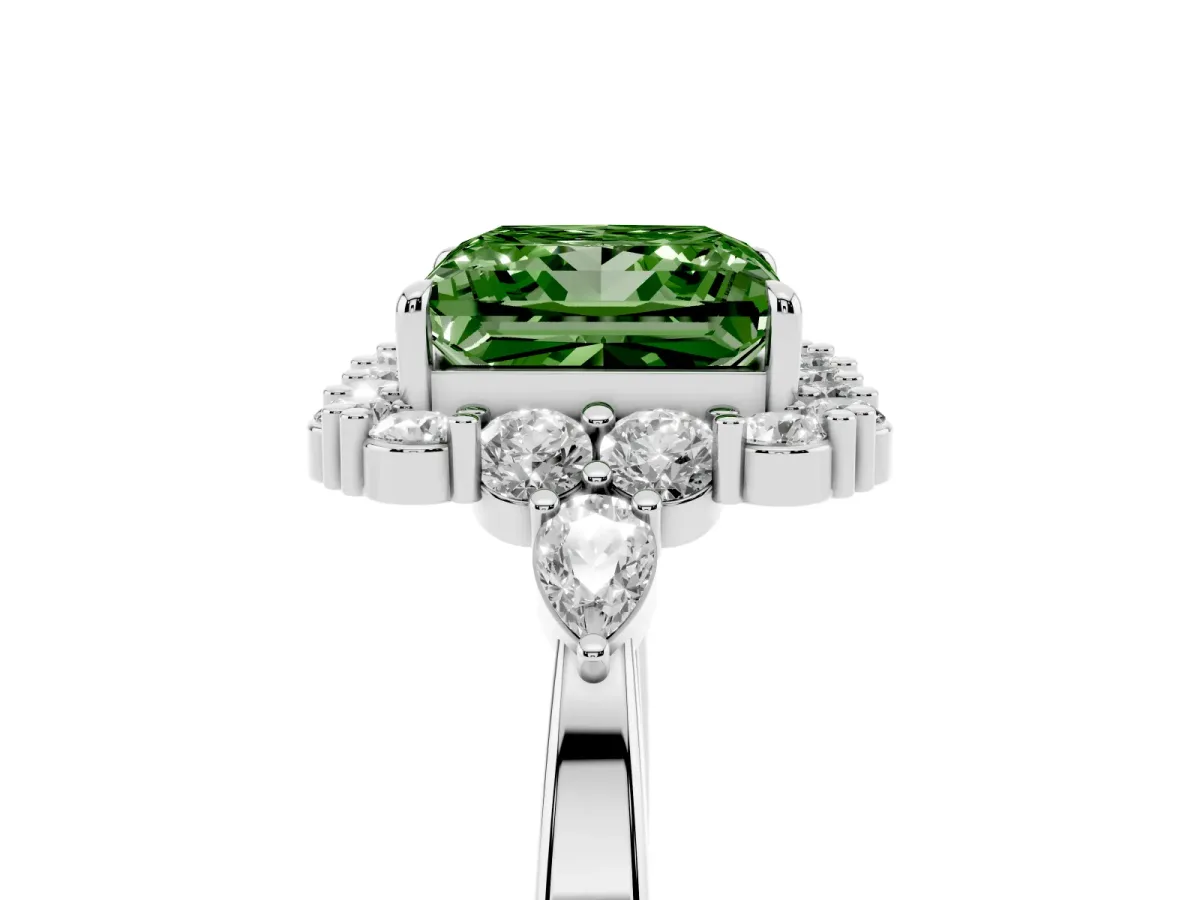 Fancy Green Princess Cut Diamond Halo Ring with Pear Side Stones and Prong Setting Platinum