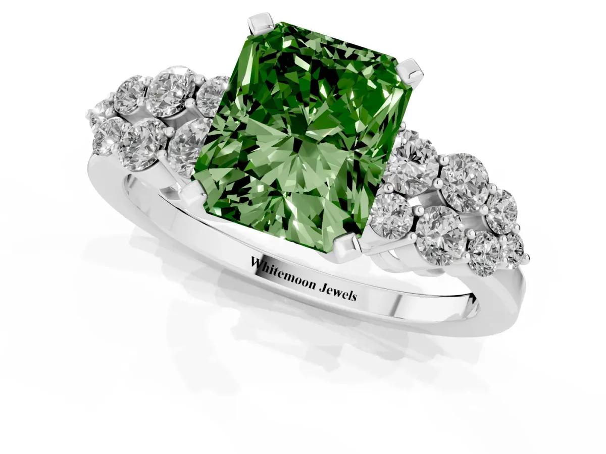 Fancy Green Radiant Cut Cluster Diamond Engagement Ring with Pavé Band and Four-Prong Setting Platinum