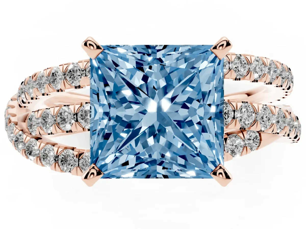 Fancy Blue Princess Cut Solitaire Twist Band with Pavé Setting and Four-Prong Setting Rose gold