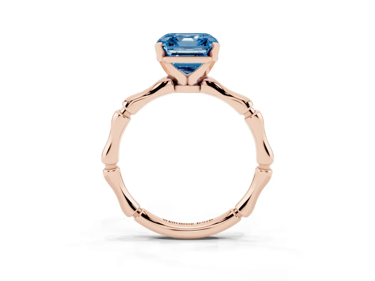 Fancy Blue Asscher Cut Solitaire Diamond Ring with Bamboo Band and Four-Prong Setting Rose gold
