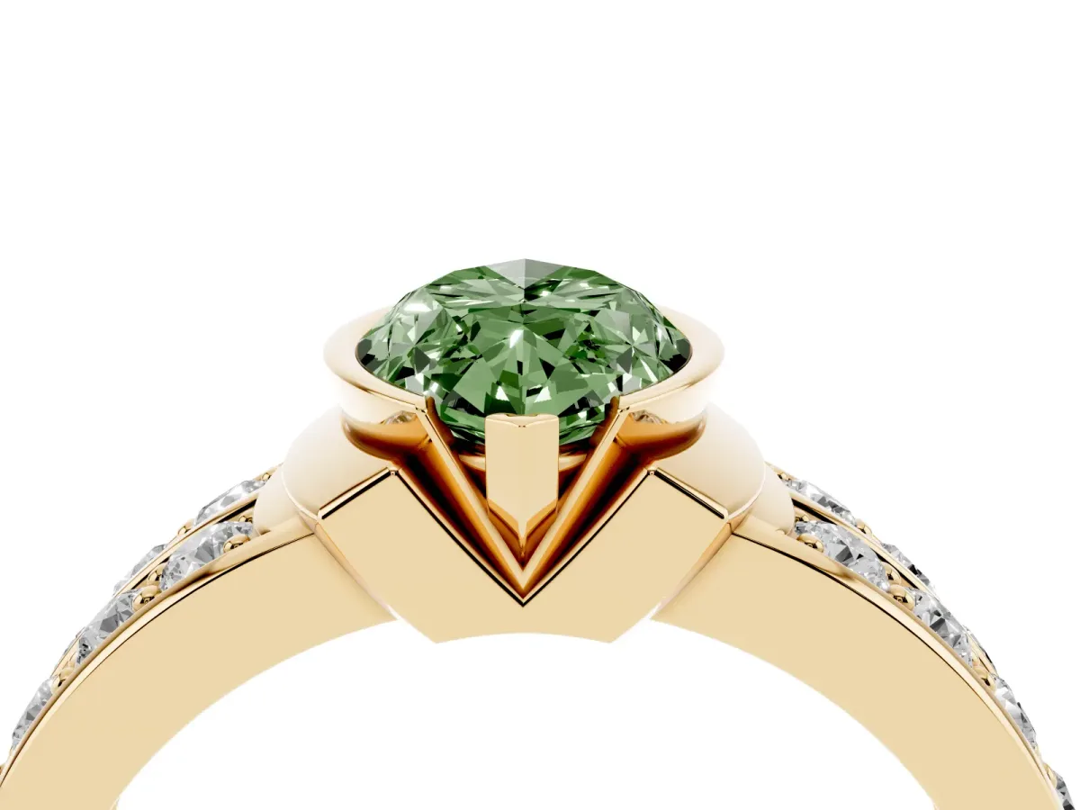 Fancy Green Marquise Cut Brilliant Diamond Channel Set Wide Band Ring with Bezel Setting Yellow gold