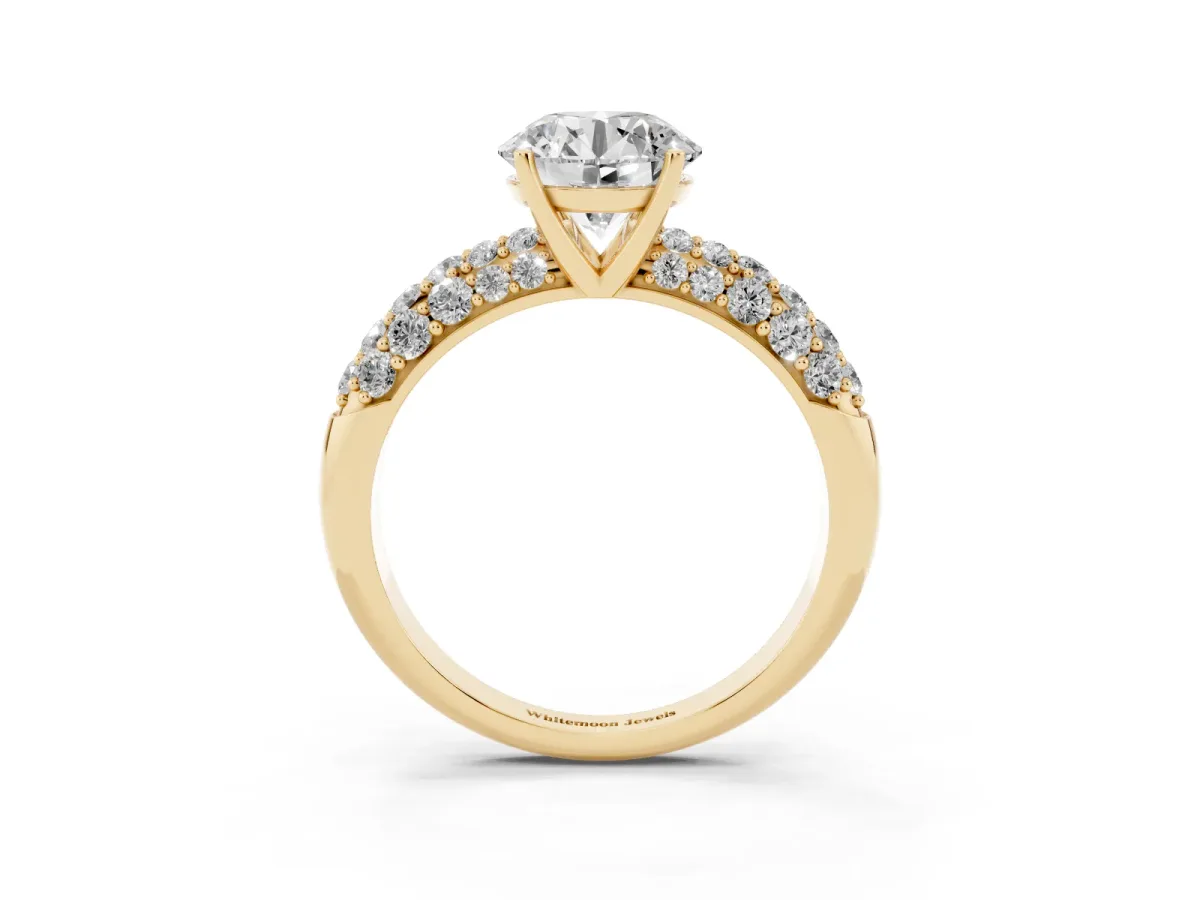 Round Cut Diamond Pavé Band Solitaire Ring with Four-Prong Setting Yellow gold