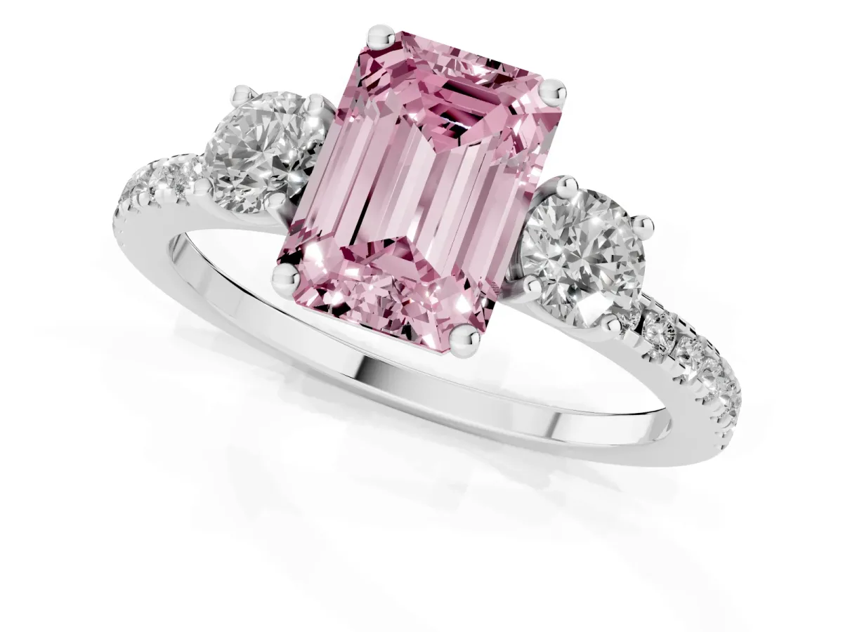 Fancy Pink Three-Stone Emerald Cut Cut Diamond Pavé Band with Prong Setting Silver
