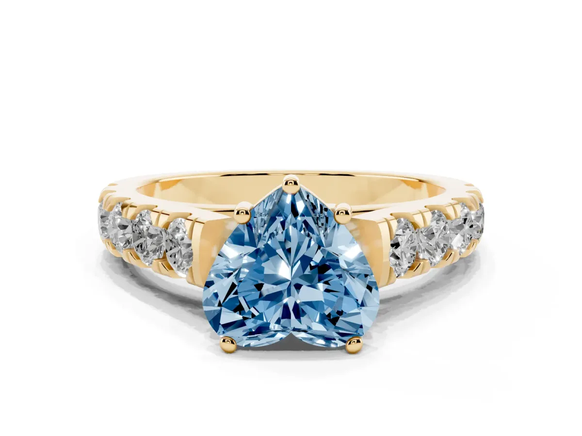 Fancy Blue Heart Cut Cut Diamond Solitaire Ring with Micro Pave Band and Prong Setting Yellow gold