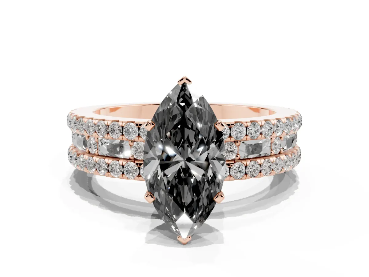 Fancy Black Marquise Cut Diamond Solitaire Ring with Pavé and Channel Set Band Rose gold