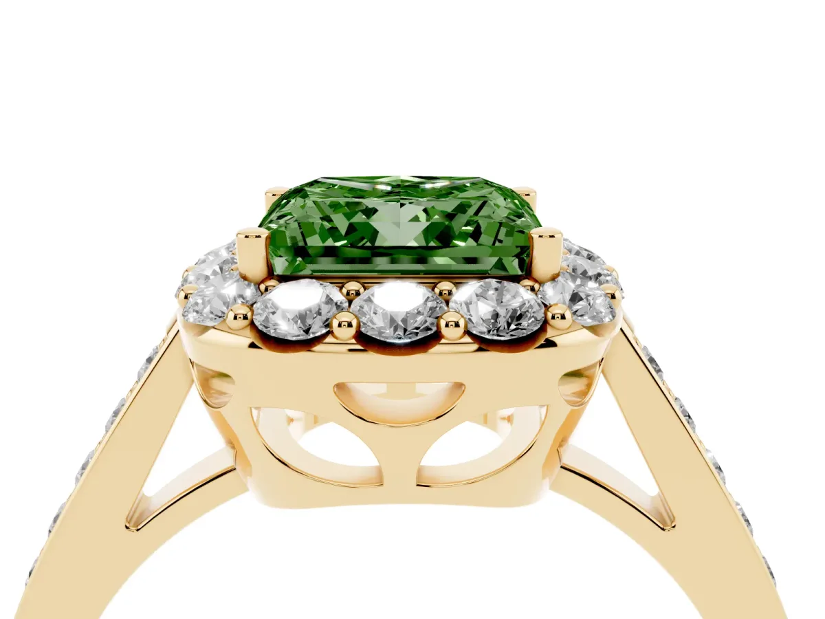 Fancy Green Princess Cut Diamond Floral Halo Ring with Pavé Band and Prong Setting Yellow gold