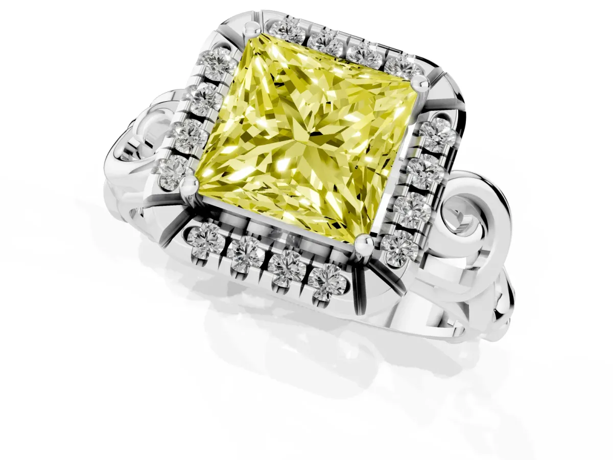 Fancy Yellow Princess Cut Cut Halo Diamond Ring with Scrollwork Band and Four-Prong Setting Platinum