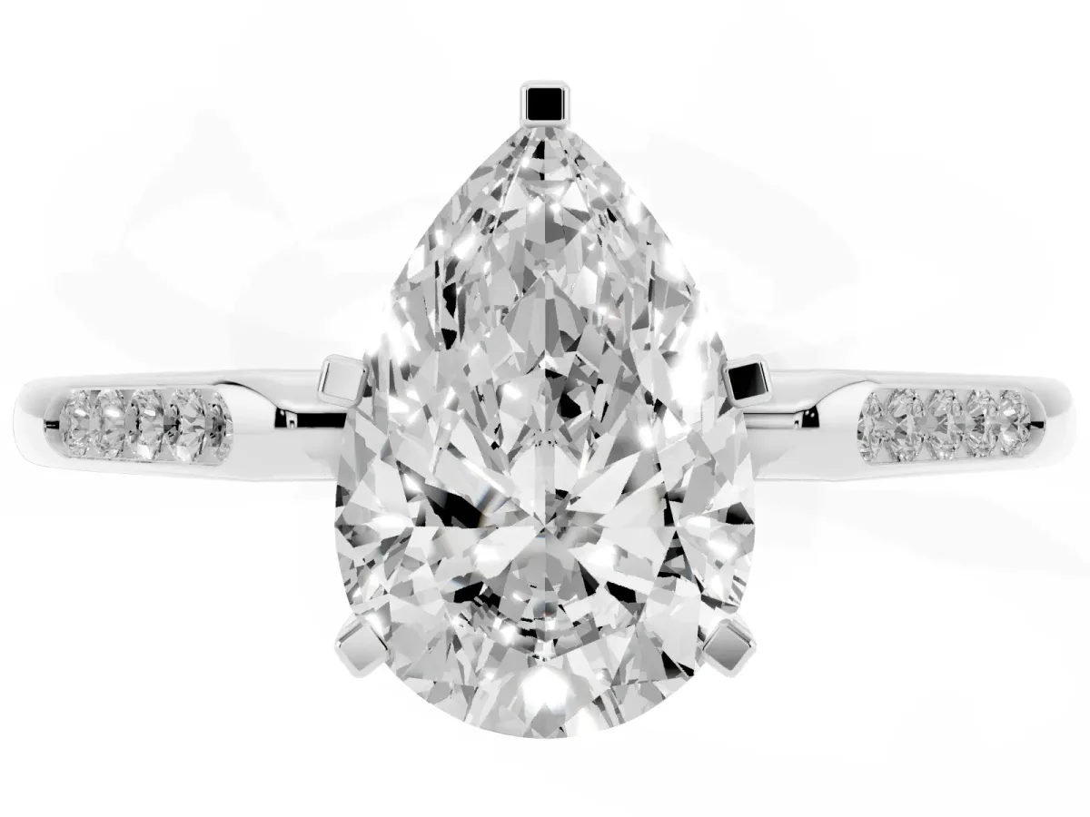 Pear Cut Diamond Solitaire Ring with Channel Set Round Band and Prong Setting Silver