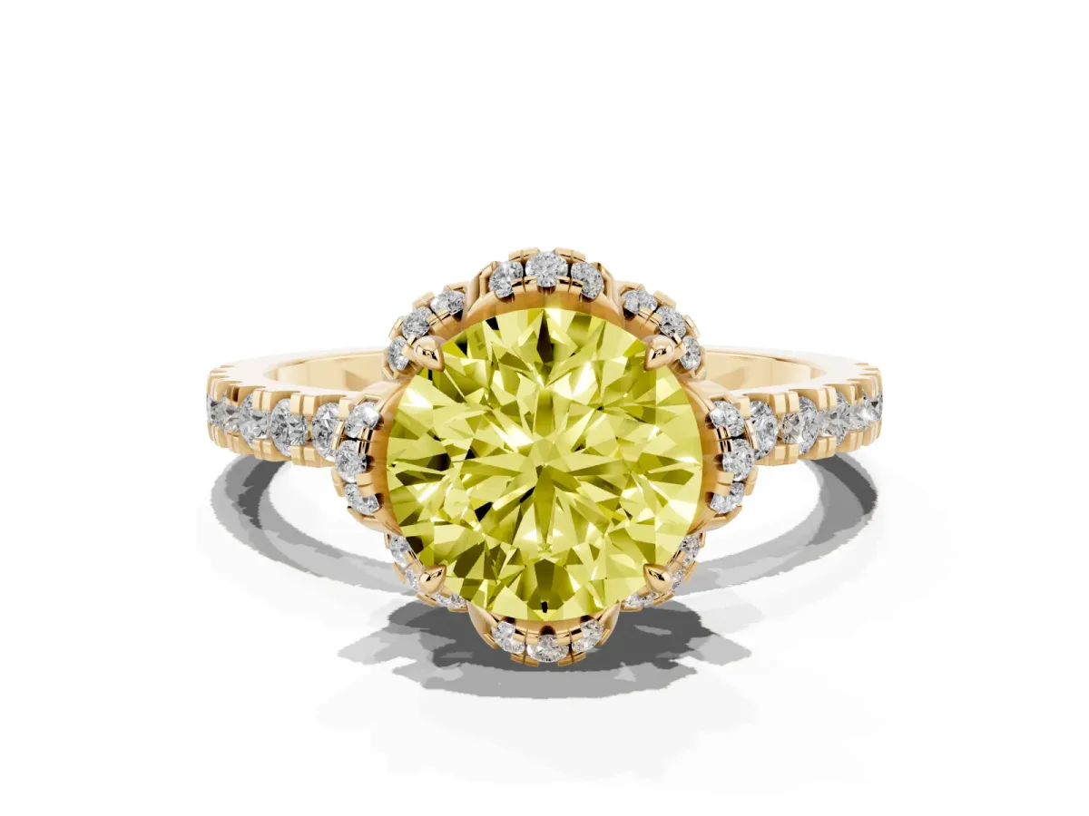 Fancy Yellow Round Cut Halo Diamond Pave Band Ring with Four-Prong Setting Yellow gold