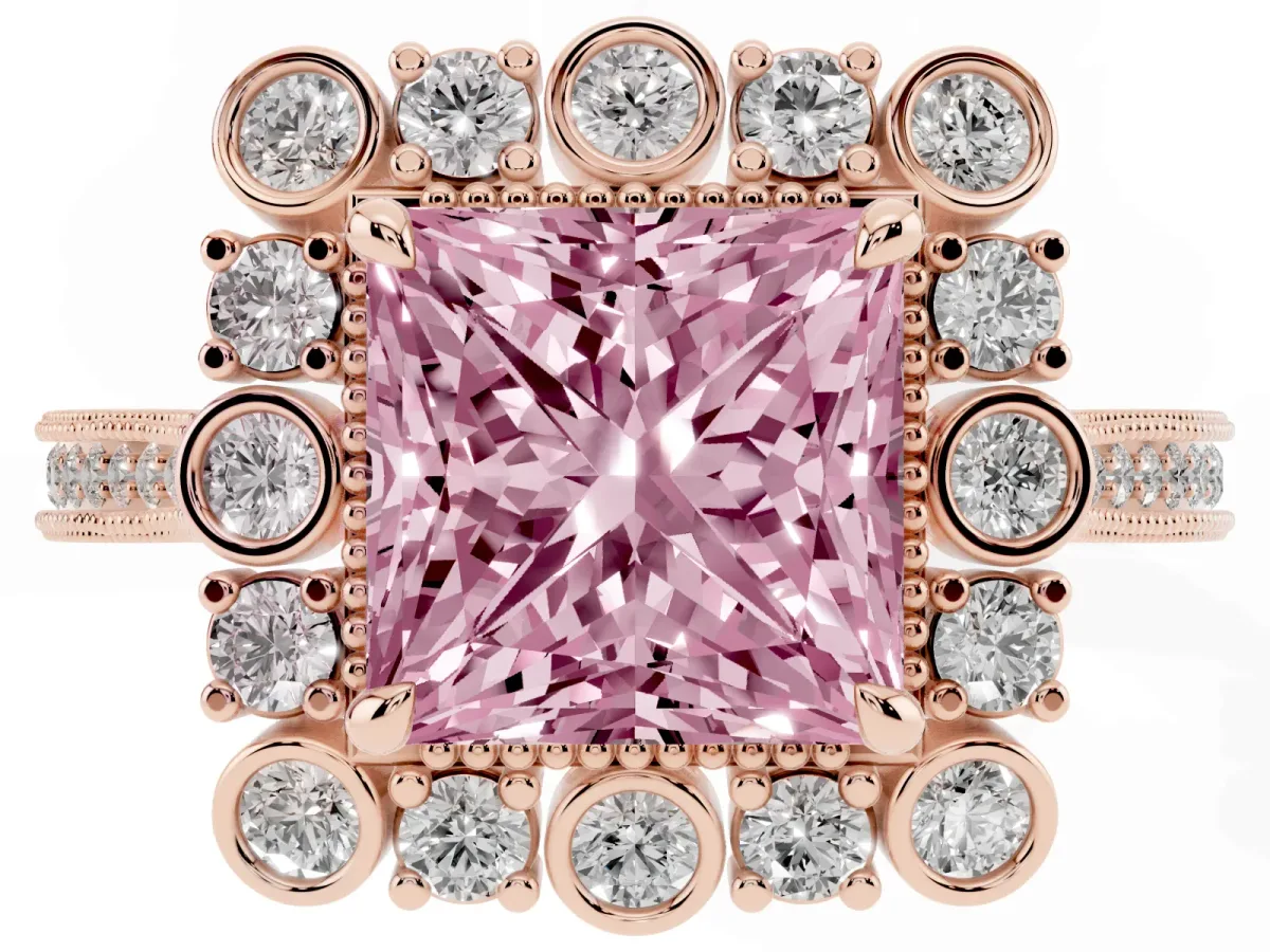 Fancy Pink Princess Cut Halo Milgrain Pave Diamond Ring with Four-Prong Setting Rose gold