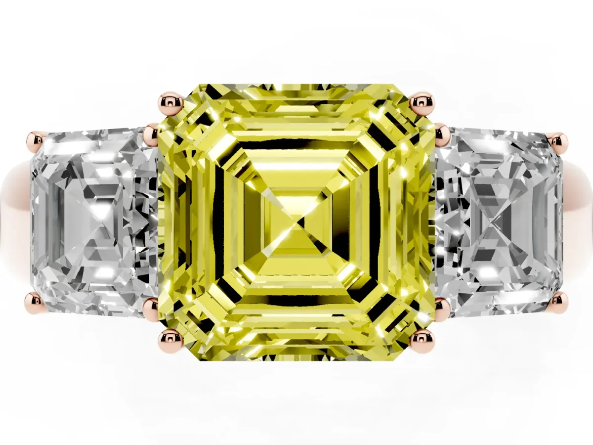 Fancy Yellow Three-Stone Asscher Cut Cut Diamond Ring with Prong Setting and Classic Band Rose gold