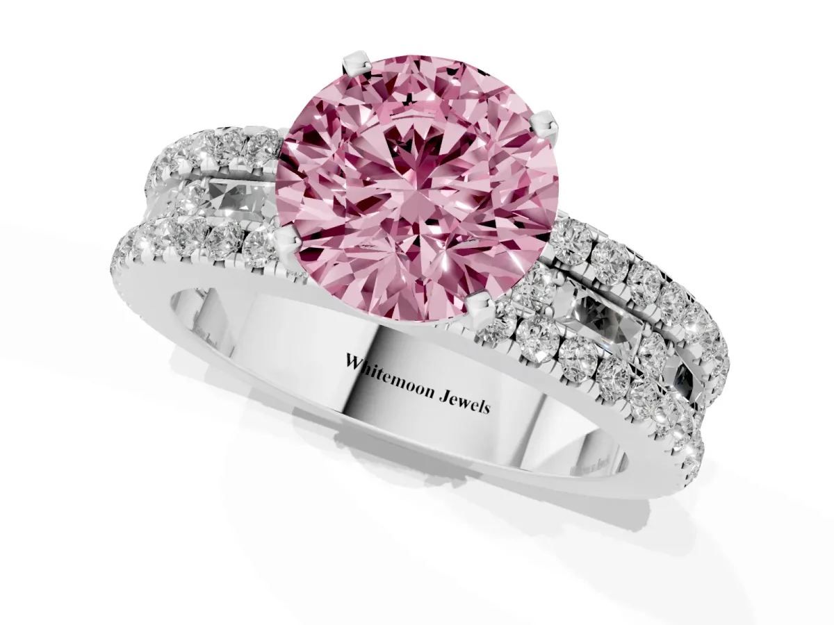 Fancy Pink Round Cut Diamond Solitaire Ring with Pavé and Channel Set Band Silver