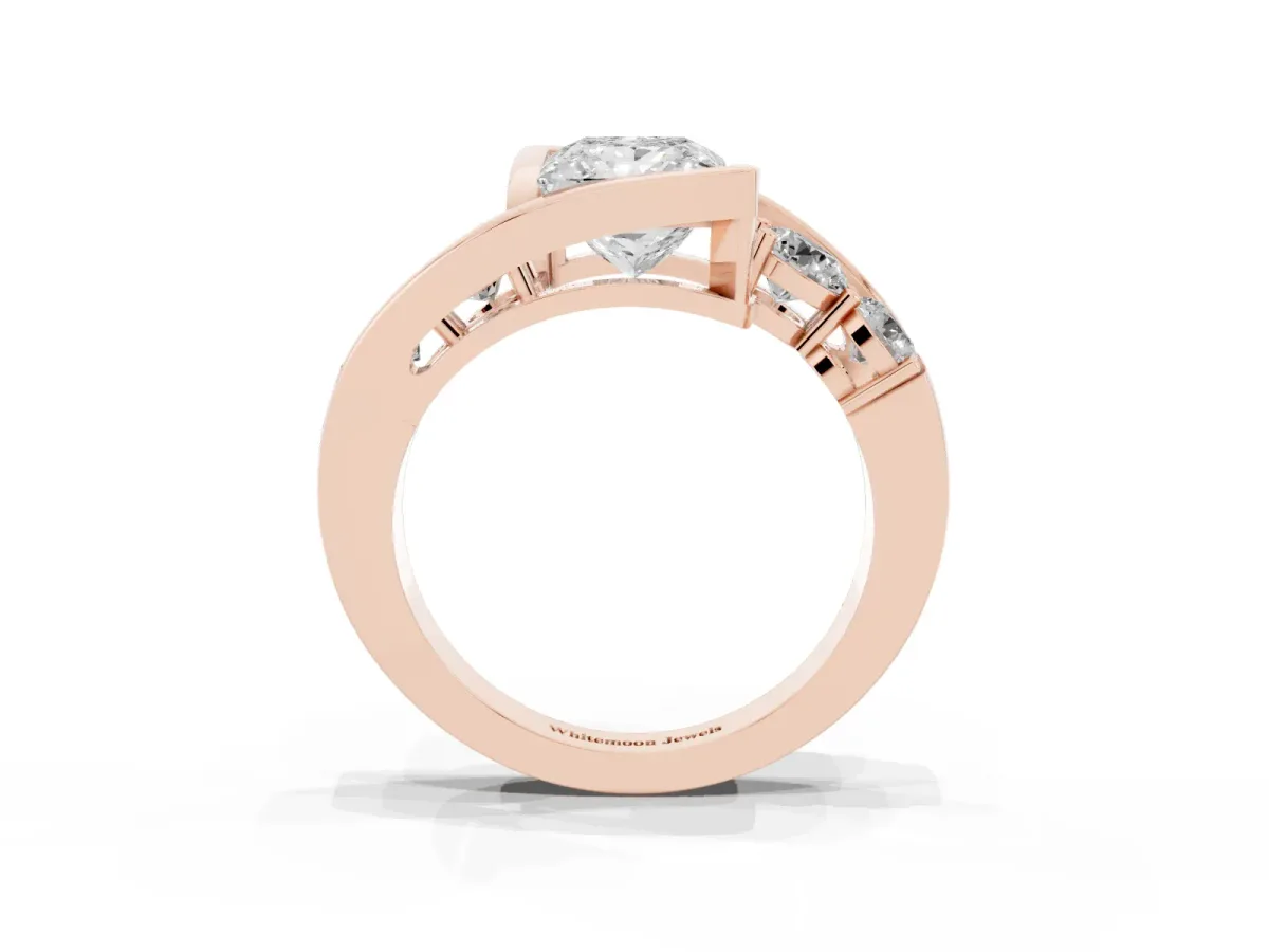 Bezel Set Princess Cut Diamond Bypass Ring with Round Accents Rose gold
