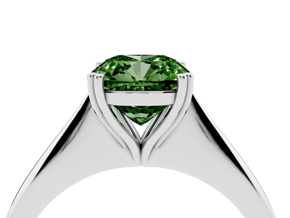 Fancy Green Cushion Cut Solitaire Diamond Ring with Six-Prong Setting and Classic Band Silver