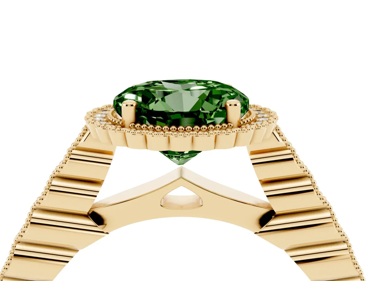 Fancy Green Round Cut Cut Halo Pavé Solitaire Ring with Milgrain Band Yellow gold