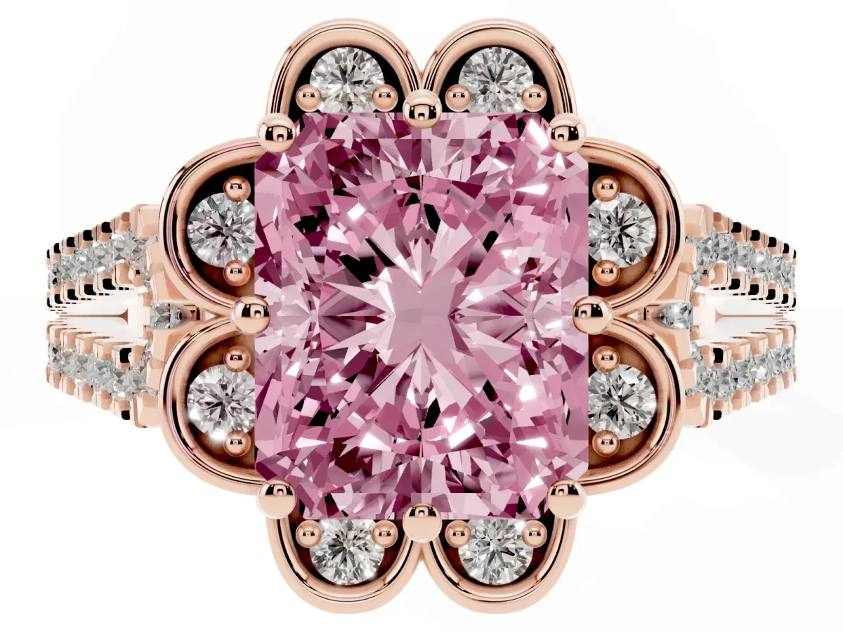Fancy Pink Radiant Cut Halo Diamond Floral Split Shank Engagement Ring Rose gold