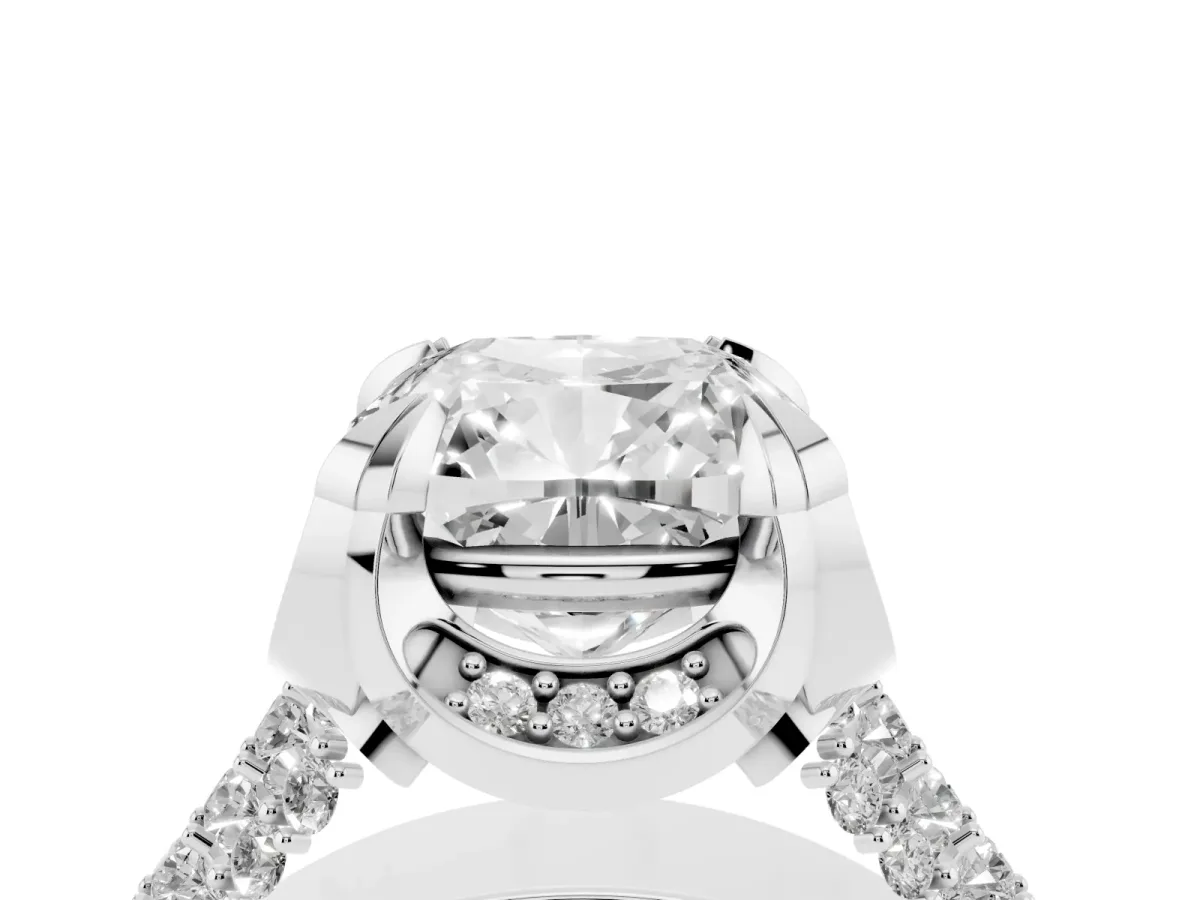 Cushion Cut Solitaire Pave Split Shank Ring with Four-Prong Setting Silver