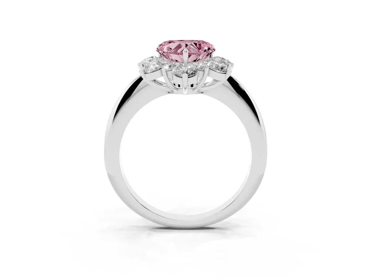Fancy Pink Heart Cut Diamond Cluster Halo Ring with Solitaire Band and Four-Prong Setting Silver