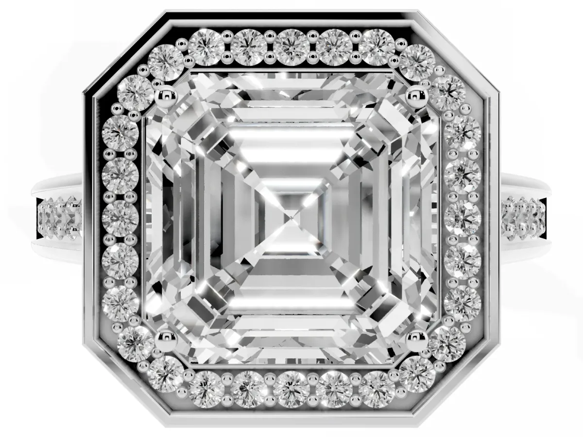 Asscher Cut Halo Solitaire Diamond Ring with Pave Band and Bezel Setting Silver