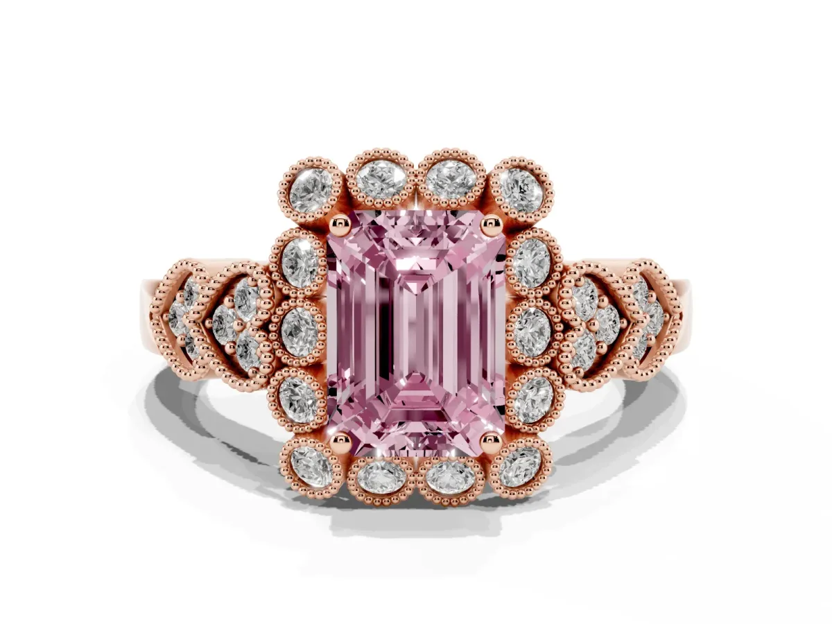 Fancy Pink Emerald Cut Brilliant Milgrain Pave Heart Band Solitaire Ring Rose gold