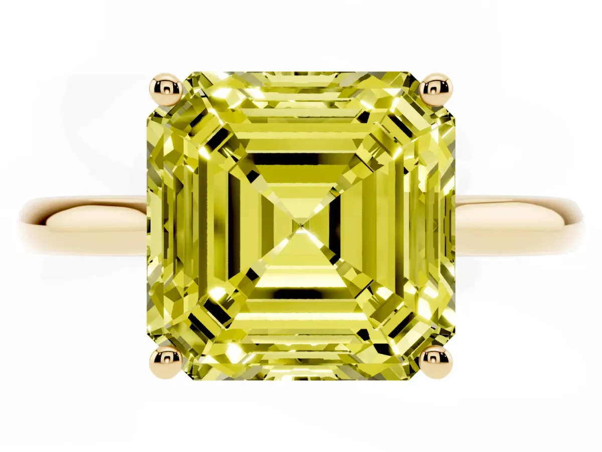 Fancy Yellow Asscher Cut Cut Solitaire Ring with Cathedral Band and Four-Prong Setting Yellow gold