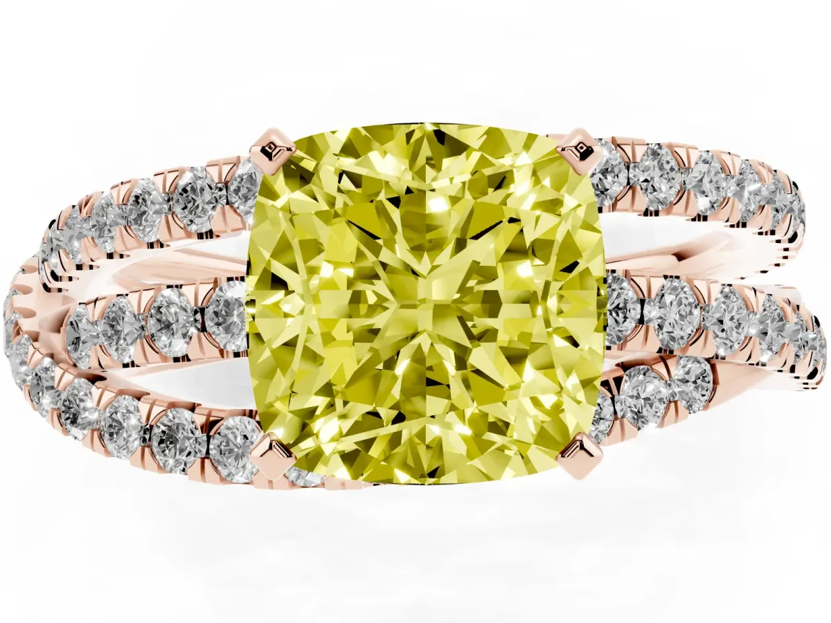 Fancy Yellow Cushion Cut Solitaire Twist Band with Pavé Setting and Four-Prong Setting Rose gold