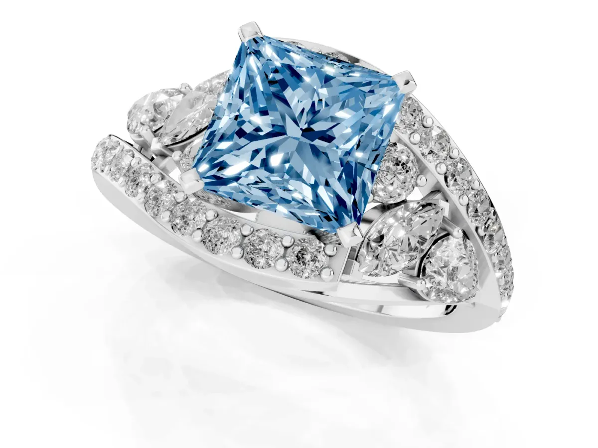 Fancy Blue Princess Cut Diamond Halo Ring with Marquise and Pavé Band in Prong Setting White gold