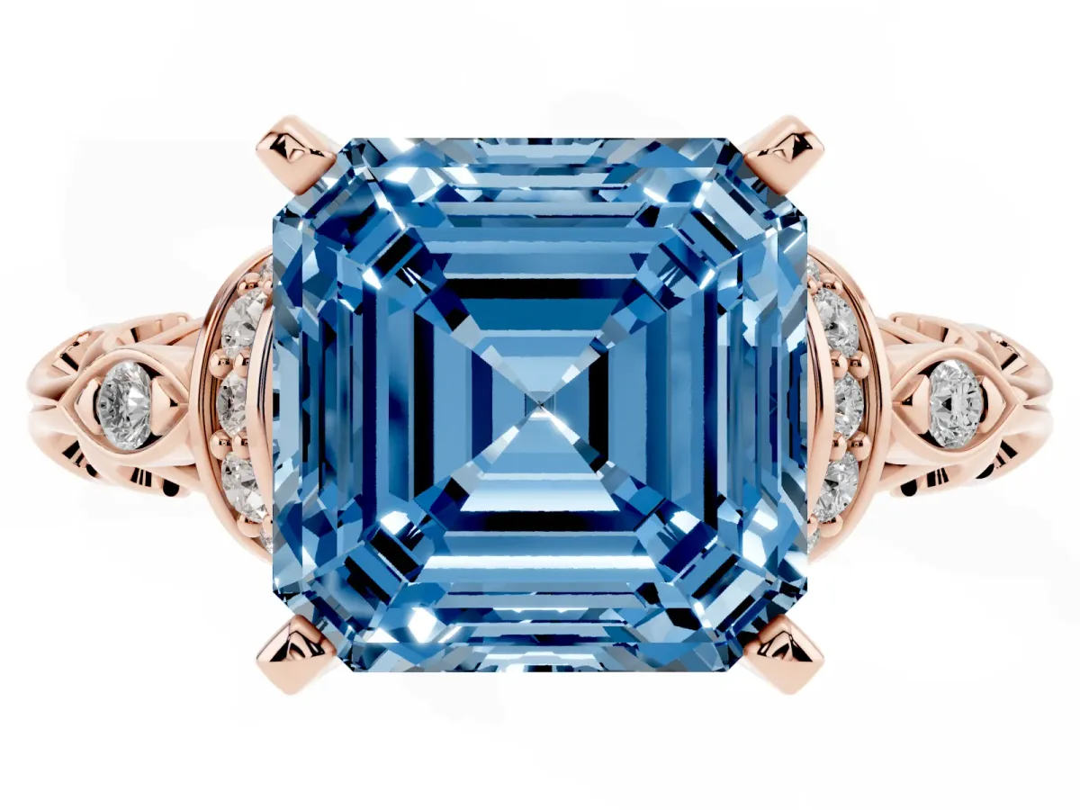 Fancy Blue Asscher Cut Diamond Solitaire Ring with Filigree Band and Four-Prong Setting Rose gold