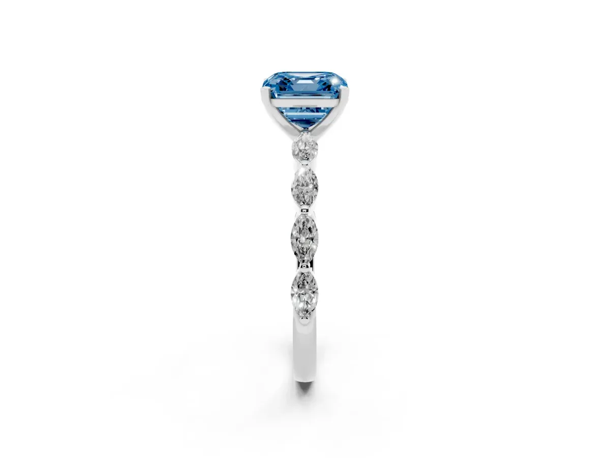 Fancy Blue Asscher Cut Diamond Ring with Marquise Side Stones and Prong Setting Silver