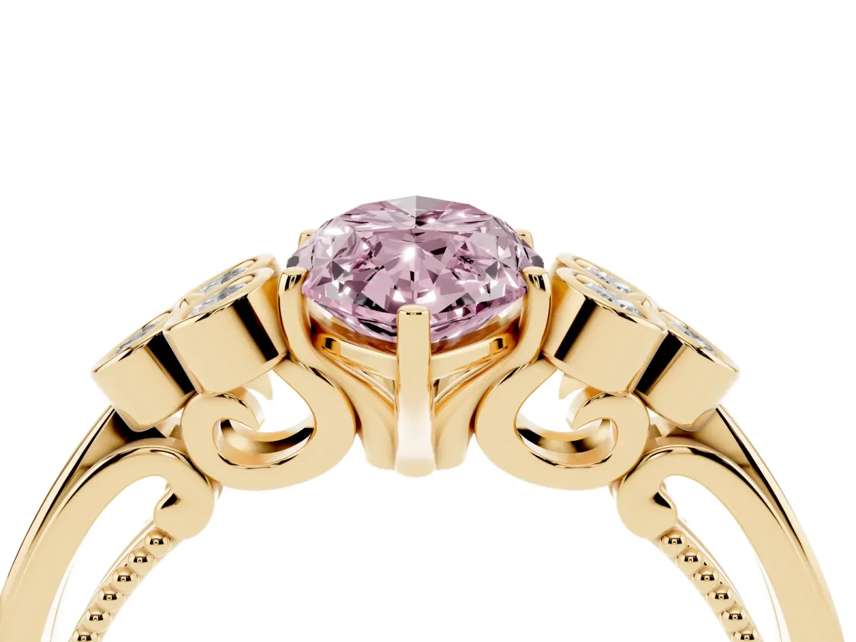 Fancy Pink Marquise Cut Cut Diamond Engagement Ring with Bezel Set Round Side Stones and Prong Setting Yellow gold