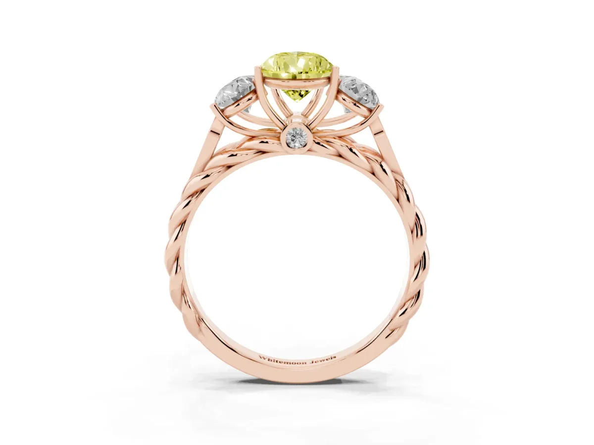 Fancy Yellow Three-Stone Pear Cut Diamond Braided Band Ring with Four-Prong Setting Rose gold