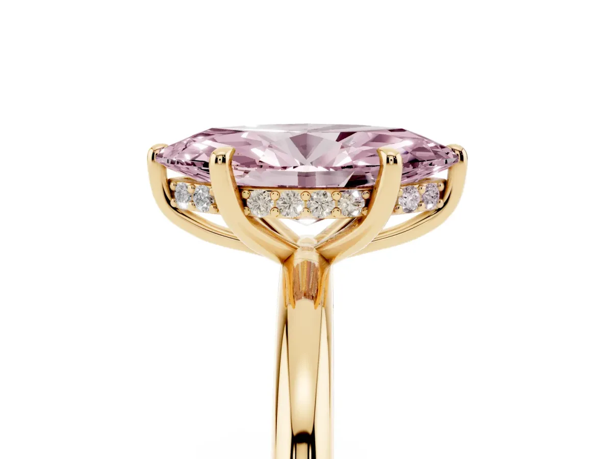 Fancy Pink Marquise Cut Diamond Solitaire Ring with Thin Band and Four-Prong Setting Yellow gold