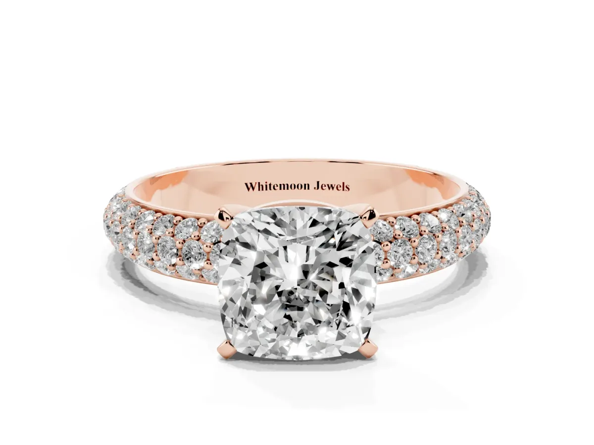 Cushion Cut Diamond Solitaire Ring with Prong Setting and Pavé Band Rose gold