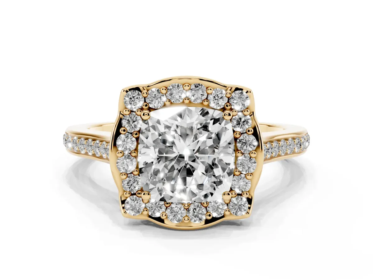 Cushion Cut Halo Round Diamond Pave Band with Four-Prong Setting Yellow gold