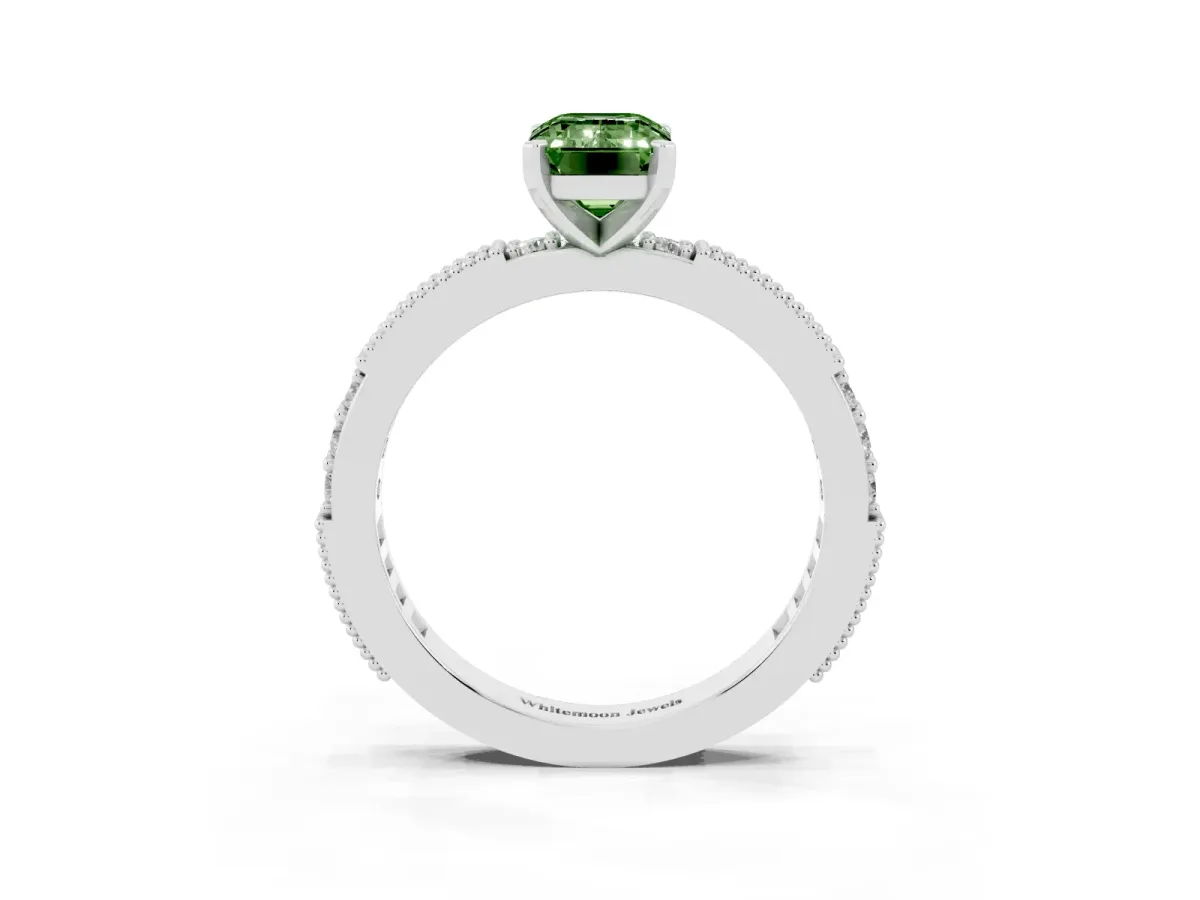 Fancy Green Emerald Cut Solitaire with Pavé Band and Four-Prong Setting Silver