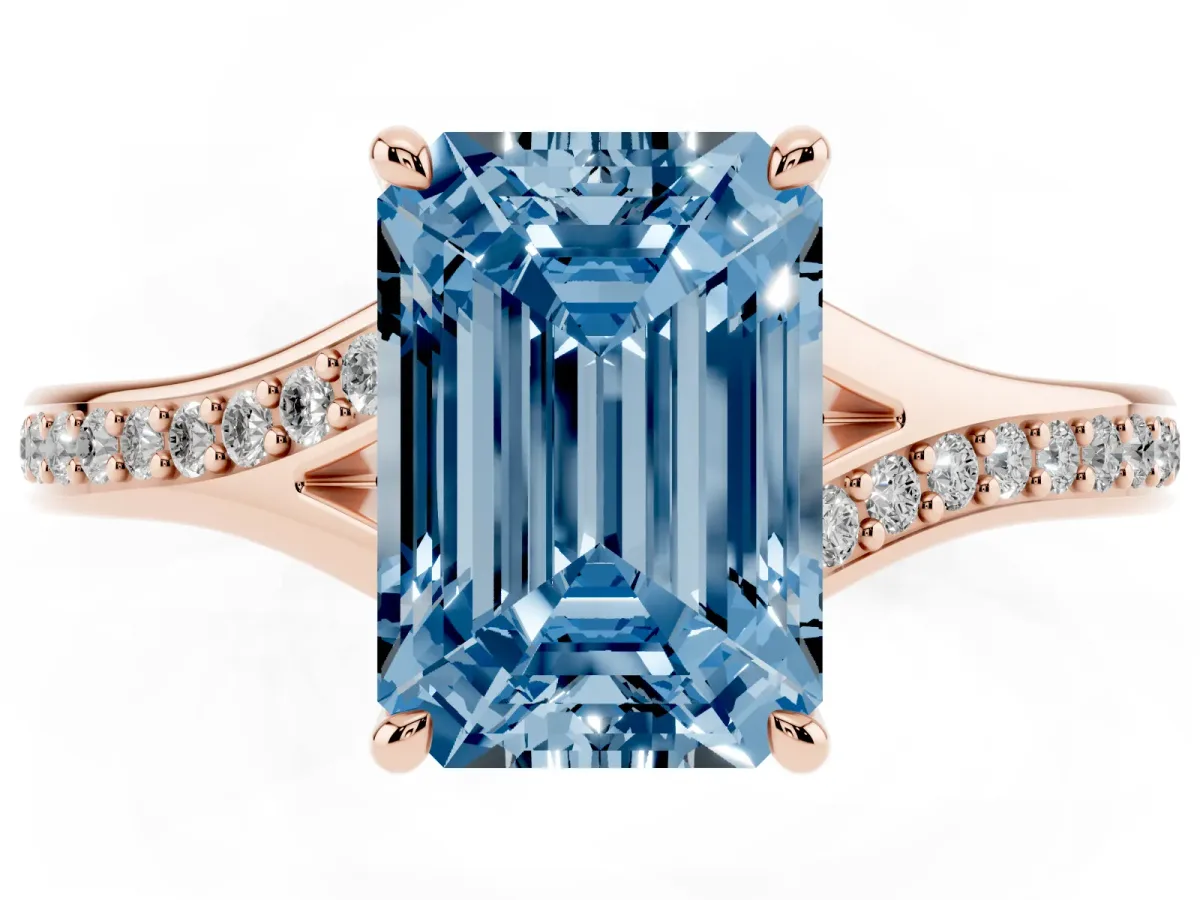 Fancy Blue Emerald Cut Diamond Solitaire Ring with Pavé Band and Prong Setting Rose gold