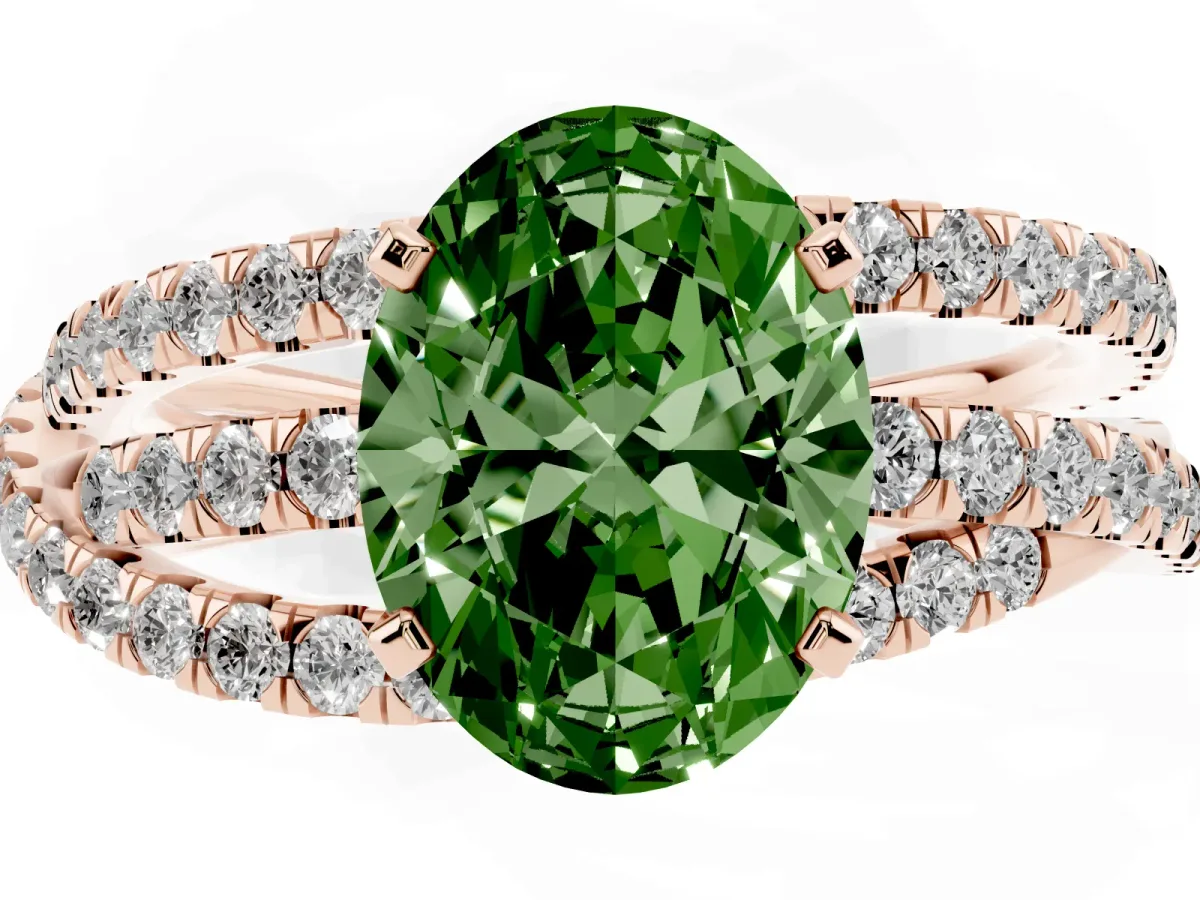 Fancy Green Oval Cut Solitaire Twist Band with Pavé Setting and Four-Prong Setting Rose gold