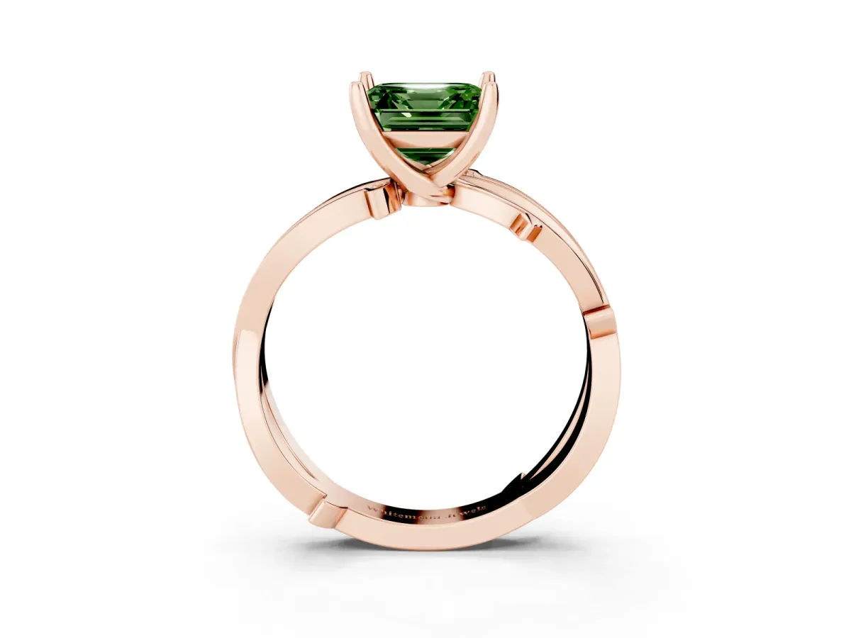 Fancy Green Asscher Cut Solitaire Twist Band with Pavé Accents and Four-Prong Setting Rose gold